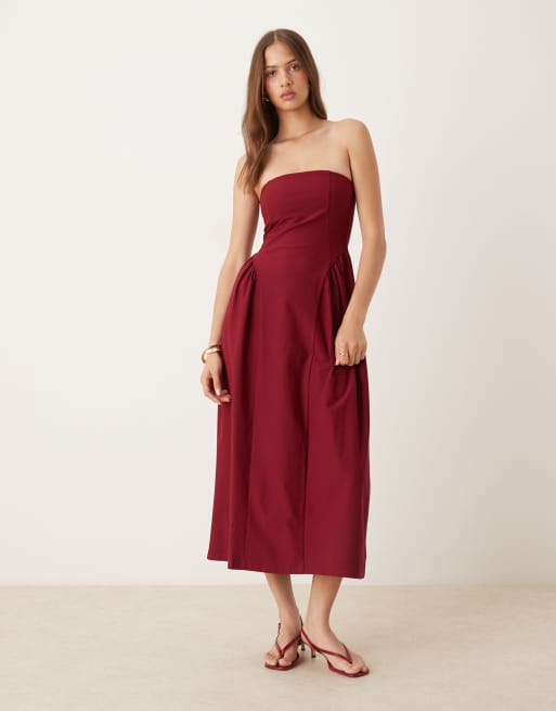ASOS DESIGN bandeau waisted detail midi dress in wine