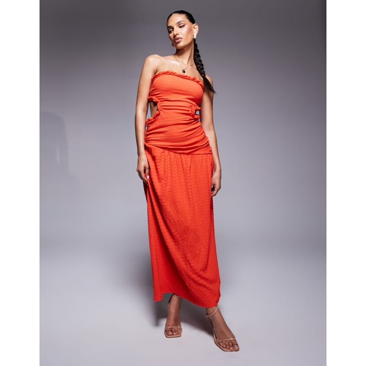 ASOS Design Bandeau with Cut-Outs and Asymmetric Hem Textured Maxi Dress in Red