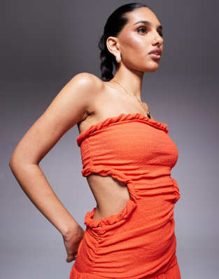 Asos Design Bandeau With Cut-outs And Asymmetric Hem Textured Maxi Dress