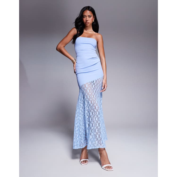 ASOS Design Bandeau with Lace Skirt Maxi Dress in Blue