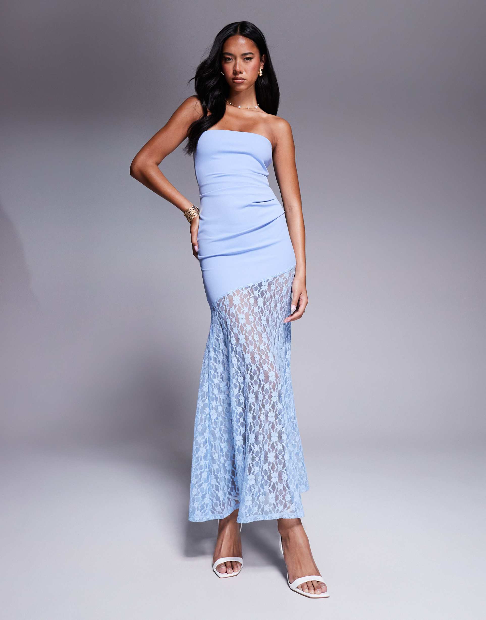 asos design bandeau with lace skirt maxi dress in blue