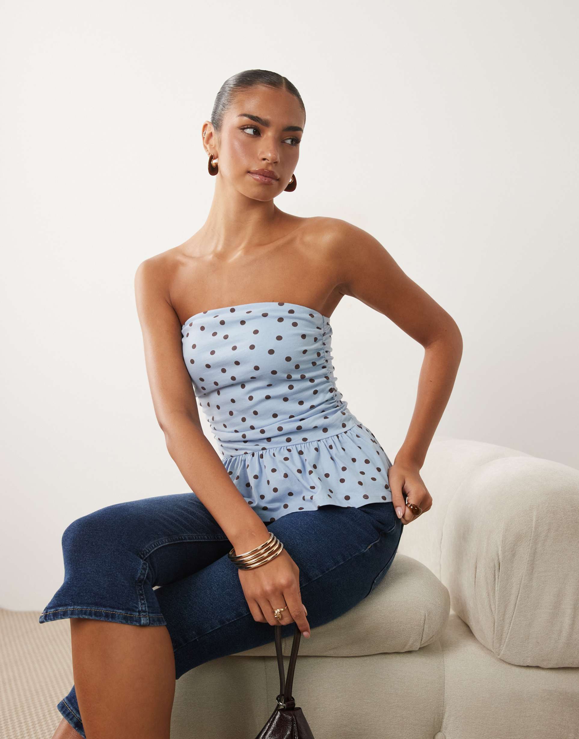 asos design bandeau with peplum top in polka dot print