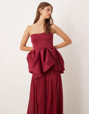 Asos Design Bandeau With Sheer Skirt Maxi Dress In Red