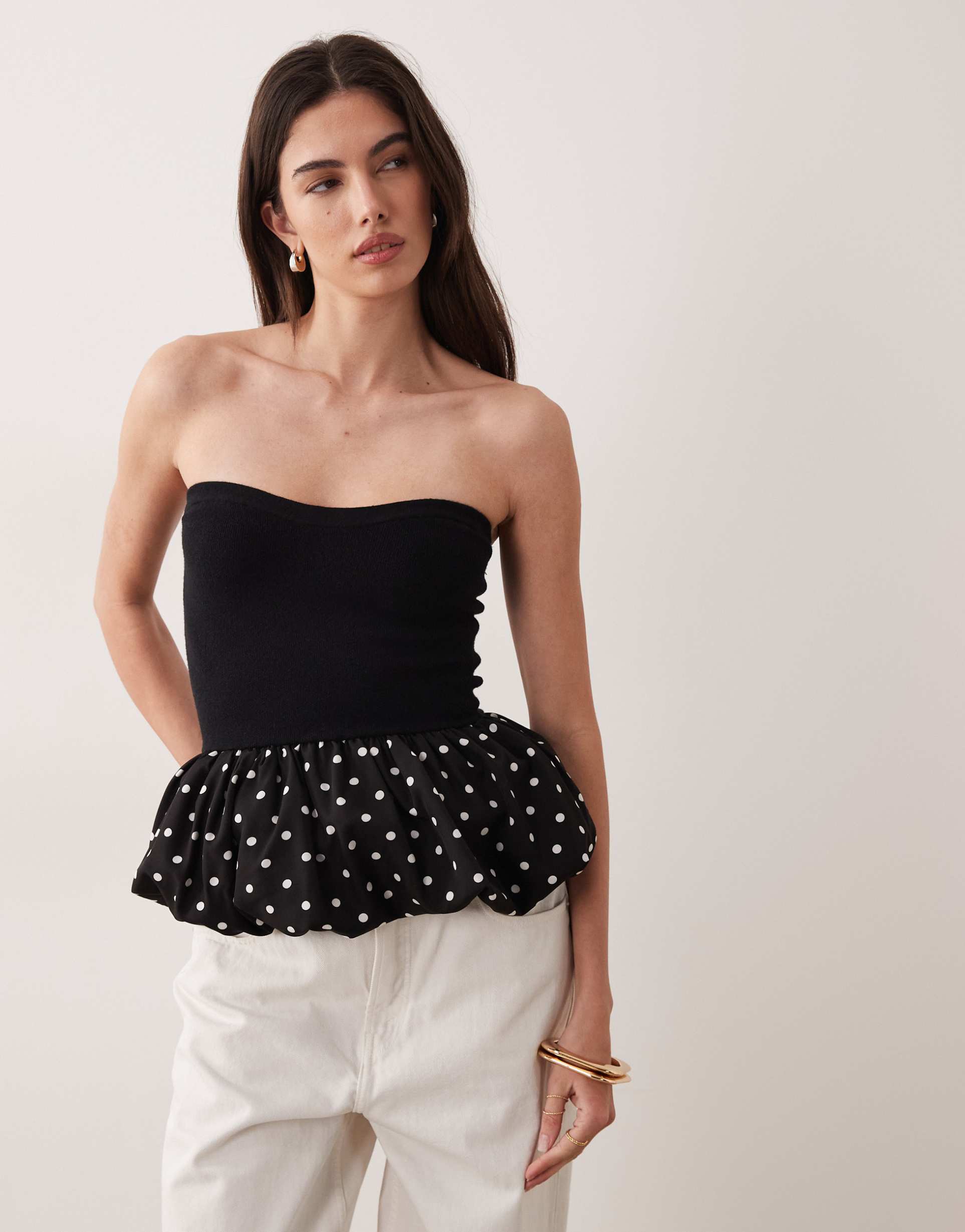 asos design bandeau woven frill hem top in black and white polka dots