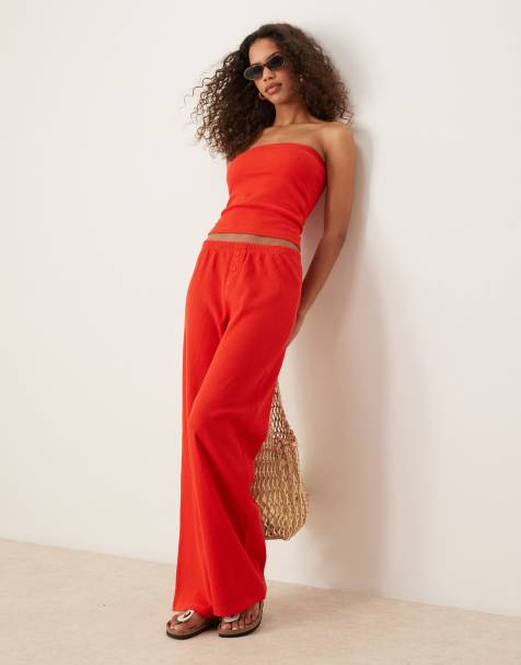 ASOS DESIGN - Bandeautop met lange pasvorm en broek met wafelstructuur in rood - view 1