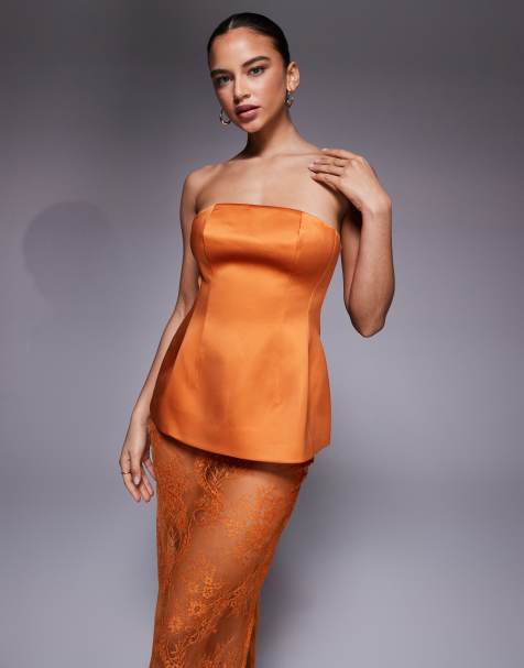 ASOS DESIGN - Bandeautop van premium gestructureerd satijn met peplum in oranje - view 1