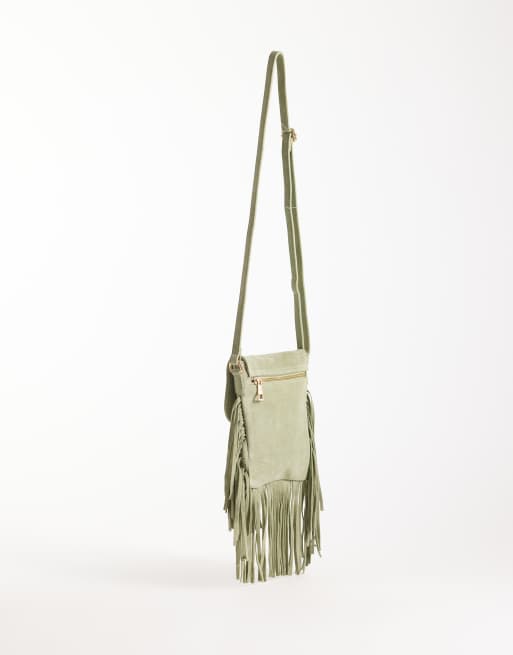 ASOS DESIGN - Bandolera verde menta con flecos de ante, 4 de 4