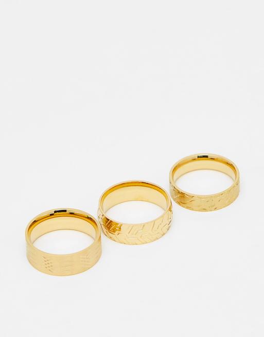 ASOS DESIGN – Bandring-Set aus wasserfestem Edelstahl in Goldoptik mit Prägung im 3er-Pack