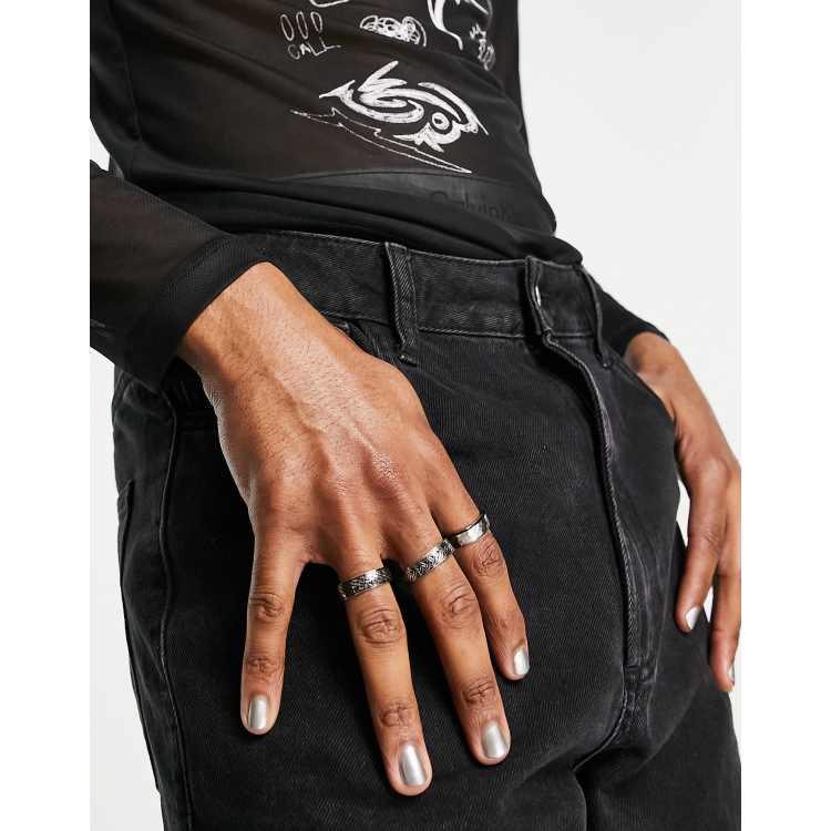 ASOS DESIGN Bandring Set aus wasserfestem Edelstahl in Silberoptik mit Pragung im 3er Pack ASOS