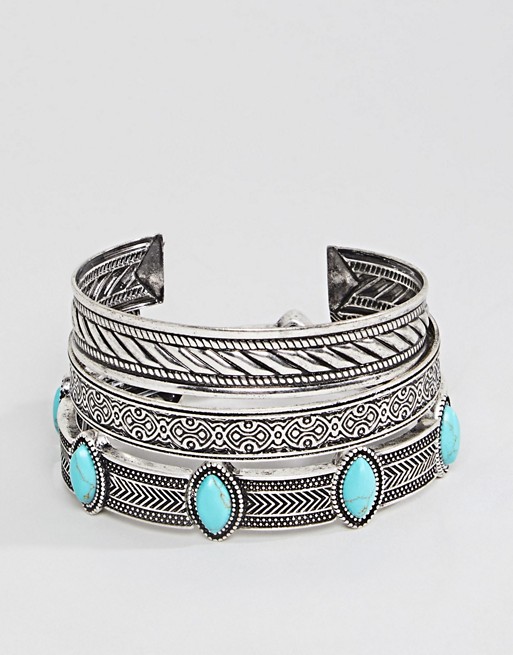 ASOS DESIGN bangle pack in burnished silver and turquoise stones