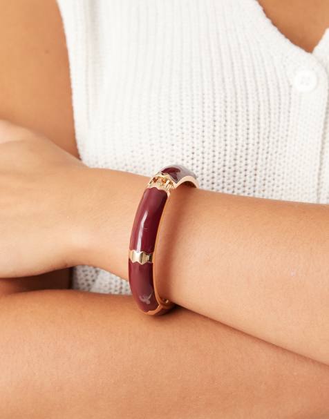 ASOS DESIGN bangle with burgundy enamel in gold tone - view 1