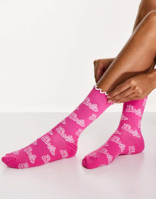 ASOS DESIGN - Barbie - Kuithoge sokken met ruches aan de bovenkant in roze