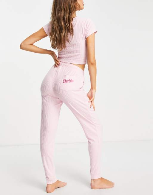 ASOS DESIGN Barbie lounge super soft rib button up top and trackies set in  pink