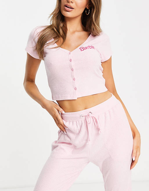  Barbie lounge super soft rib button up top & jogger set in pink 