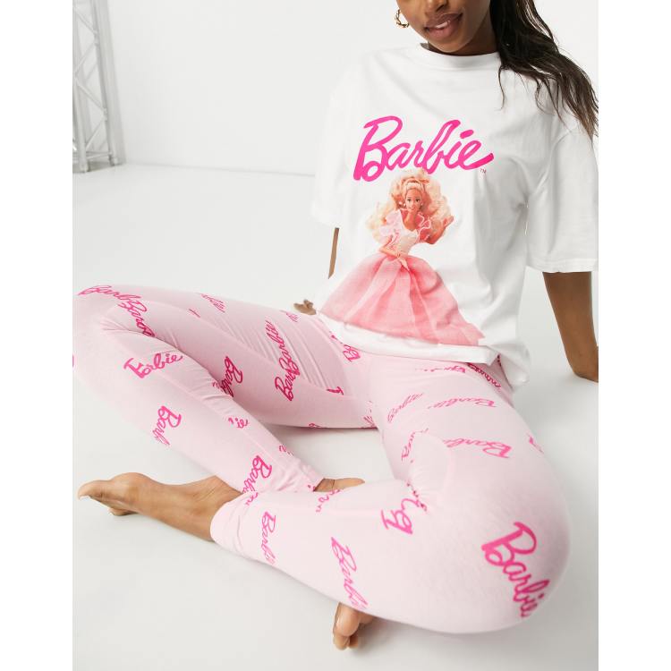 ASOS DESIGN Barbie night out tee & legging pajama set in white & pink