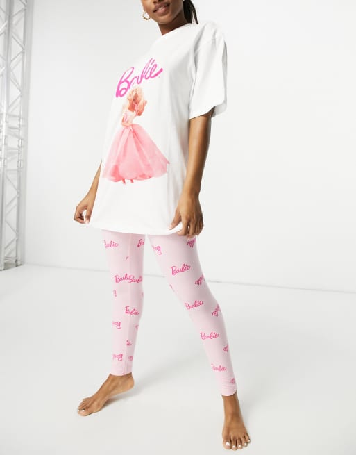 ASOS DESIGN Barbie night out tee & legging pajama set in white & pink