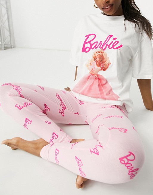ASOS DESIGN Barbie night out tee & legging pyjama set in white & pink