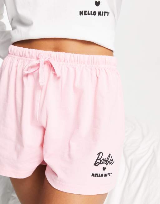 ASOS DESIGN Barbie x Hello Kitty long sleeve tee & short pajama set in white & pink, 3 of 4