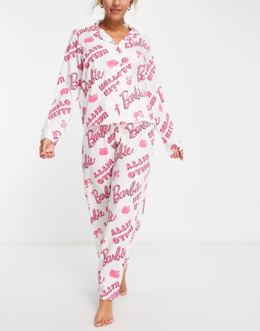 ASOS DESIGN Barbie x Hello Kitty modal shirt & pants pajama set in white &  pink