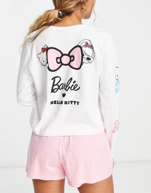 ASOS DESIGN – Barbie x Hello Kitty – Pyjama-Set mit langärmligem T-Shirt & Shorts in Rosa & Weiß, 2 von 4