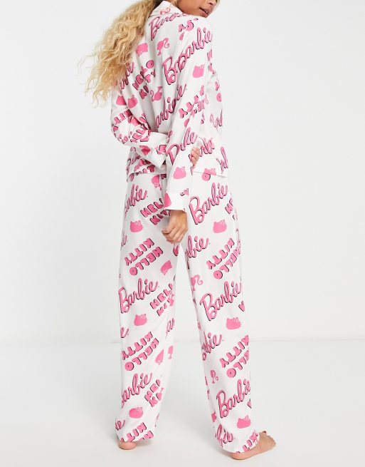 ASOS DESIGN - Barbie x hello Kitty - Pyjamaset van modal met overhemd en broek in wit en roze, 2 van 4