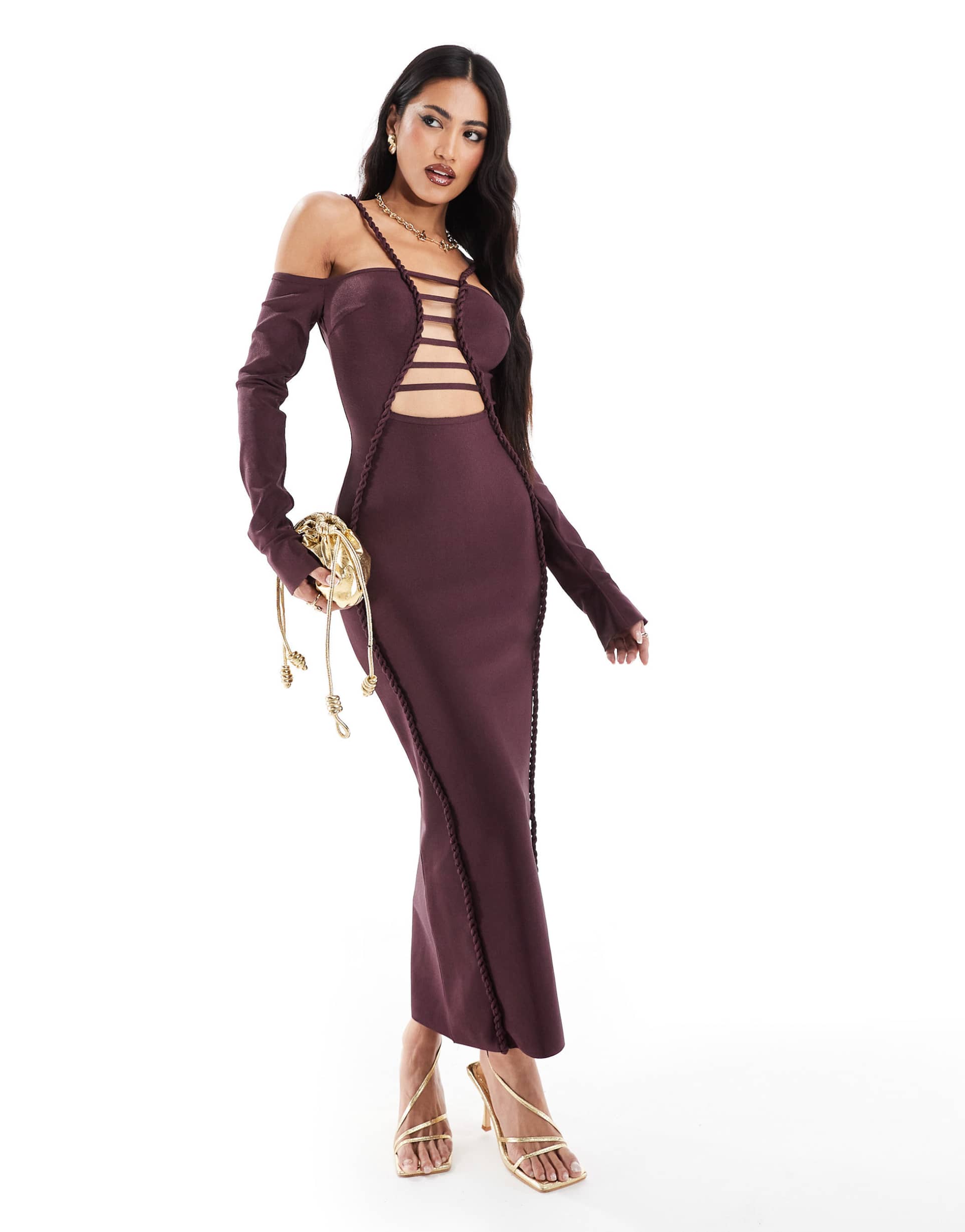 asos design bardot bandage midi dress with knotted lattice detailing in plum