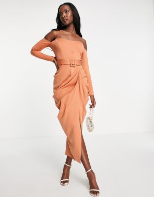 Asos Design Bardot Belted Drape Midi Pencil Dress In Light Tan