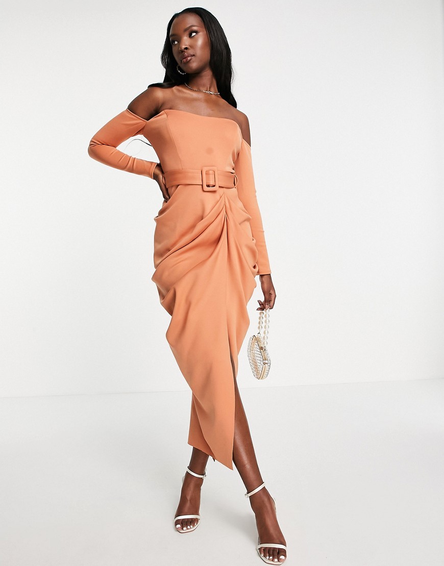 ASOS DESIGN bardot belted drape midi pencil dress in light tan-Pink