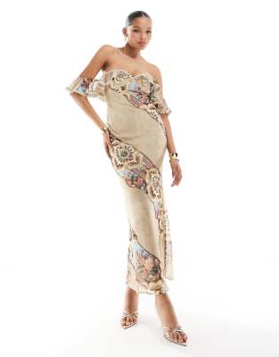 Asos Design Bardot Bias Midi Dress With Ruffle And Lace Trim In Patchwork Floral Print-multi