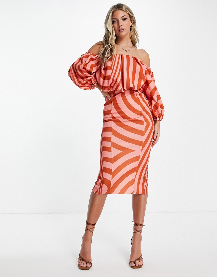 ASOS DESIGN bardot blouson sleeve midi pencil dress in brown and pink stripe-Multi