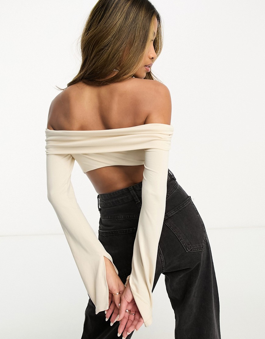 ASOS DESIGN bardot bodysuit with open back in stone-Neutral