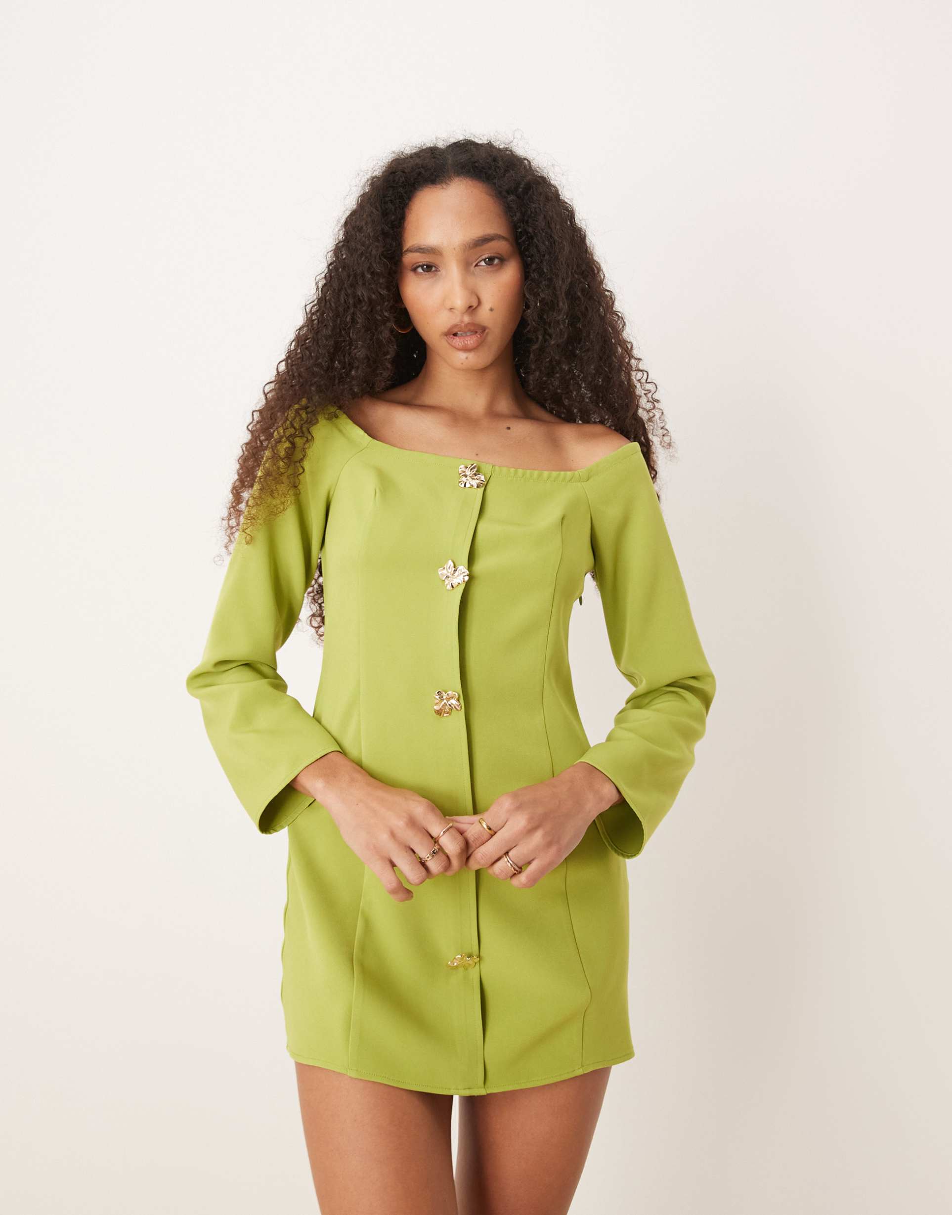 asos design bardot button up mini dress in green