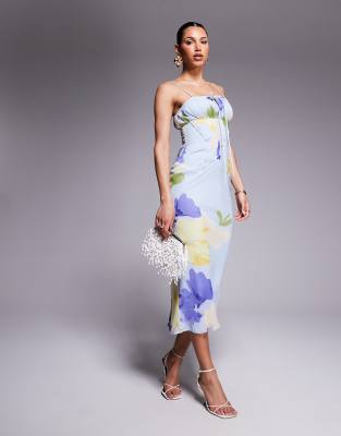 bardot chiffon bias midi dress in lilac floral print-Multi