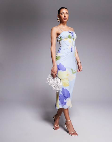 ASOS DESIGN bardot chiffon bias midi dress in lilac floral print - view 1