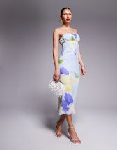 ARRANGE cutwork lace drop waist ruffle detail midi dress with tie back in cobalt blue