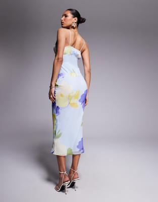 ASOS DESIGN bardot chiffon bias midi dress in lilac floral print