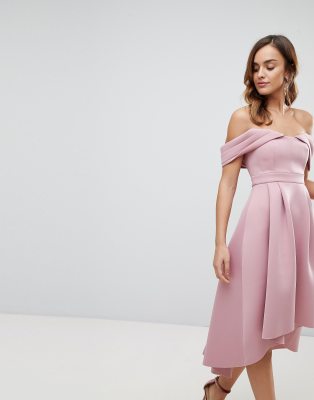 ASOS DESIGN bardot cold shoulder dip back midi prom dress-Pink