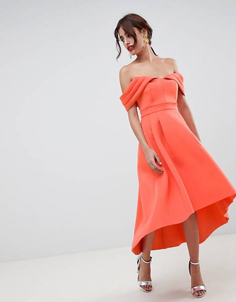 ASOS DESIGN Bardot Cold Shoulder Dip Back Midi Prom Dress