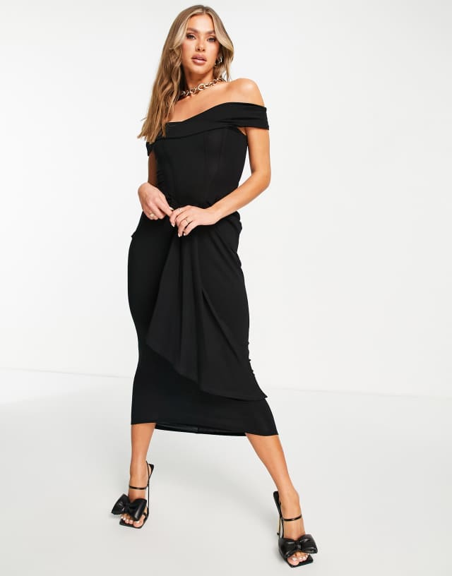 ASOS DESIGN bardot corset detail ruched midi dress in black