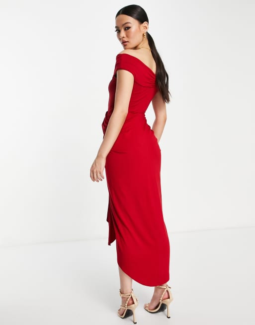 ASOS DESIGN bardot corset detail ruched midi dress in red ASOS