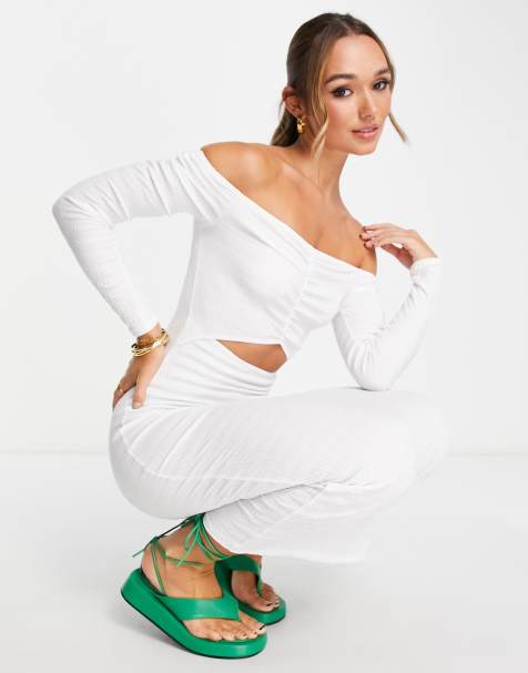 ASOS DESIGN bardot crinkle midi dress in ivory - view 1