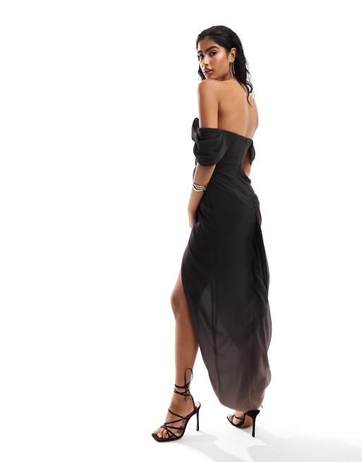 Black Hot Fix Diamante Wired Bandeau Draped Dress