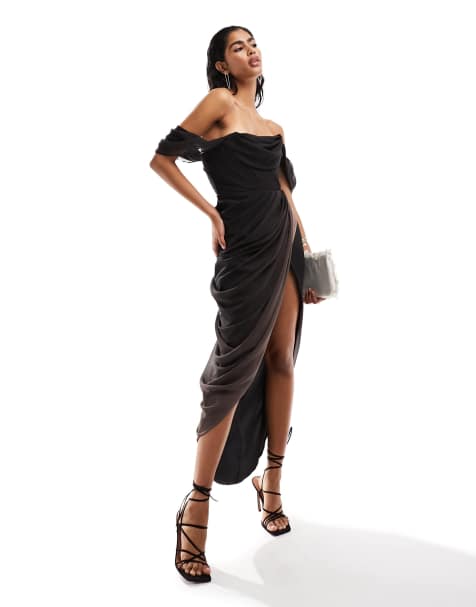 Jayne Olive Satin Asymmetric Draped Split Maxi Dress – Club L London - USA