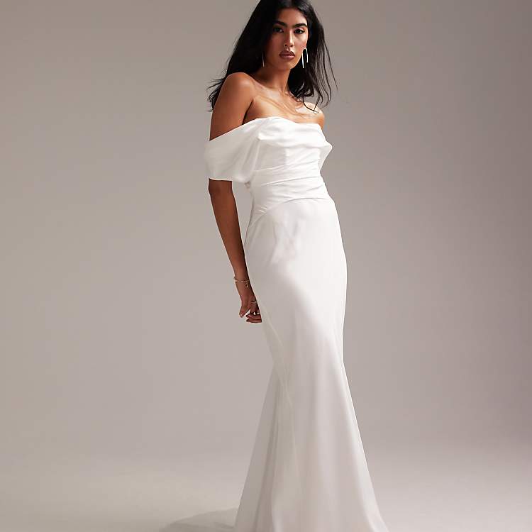 asos white dress DESIGN beaded embellished bandeau midi in The zip ASOS DESIGN bardot draped satin