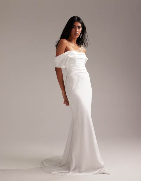 ASOS DESIGN bardot draped satin maxi wedding dress in white