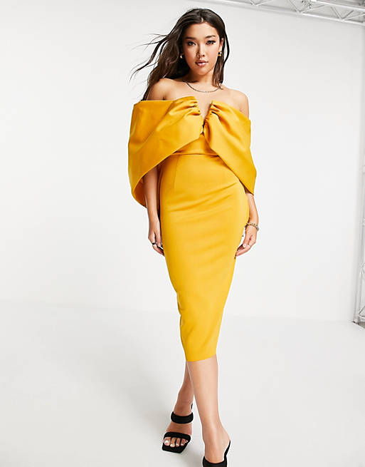 Dresses bardot draped sleeve midi pencil dress in mustard 
