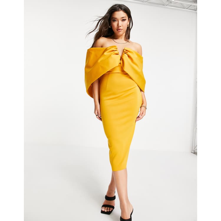 ASOS DESIGN bardot draped sleeve midi pencil dress in mustard