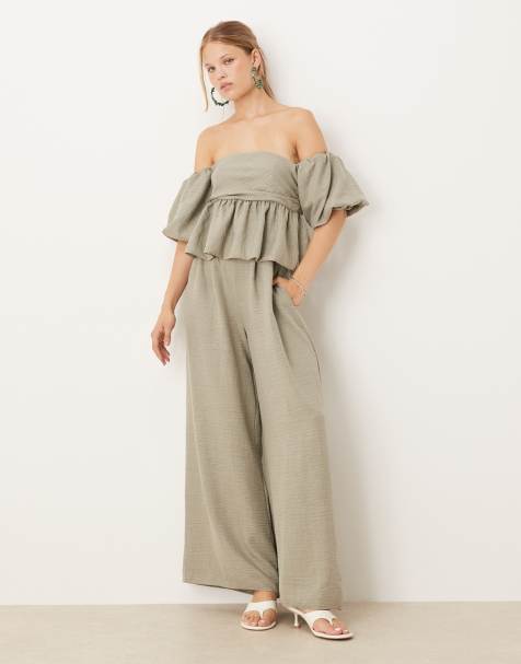 ASOS DESIGN bardot extreme puff sleeve peplum jumpsuit in khaki - view 1