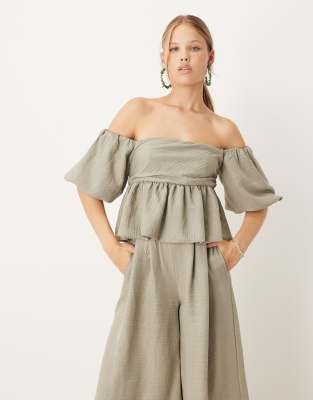 Asos Design Bardot Extreme Puff Sleeve Peplum Jumpsuit In Green