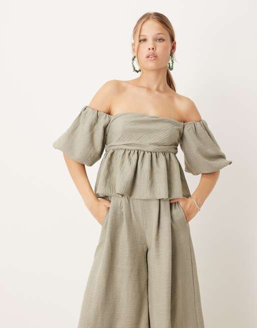 ASOS DESIGN bardot extreme puff sleeve peplum jumpsuit in khaki